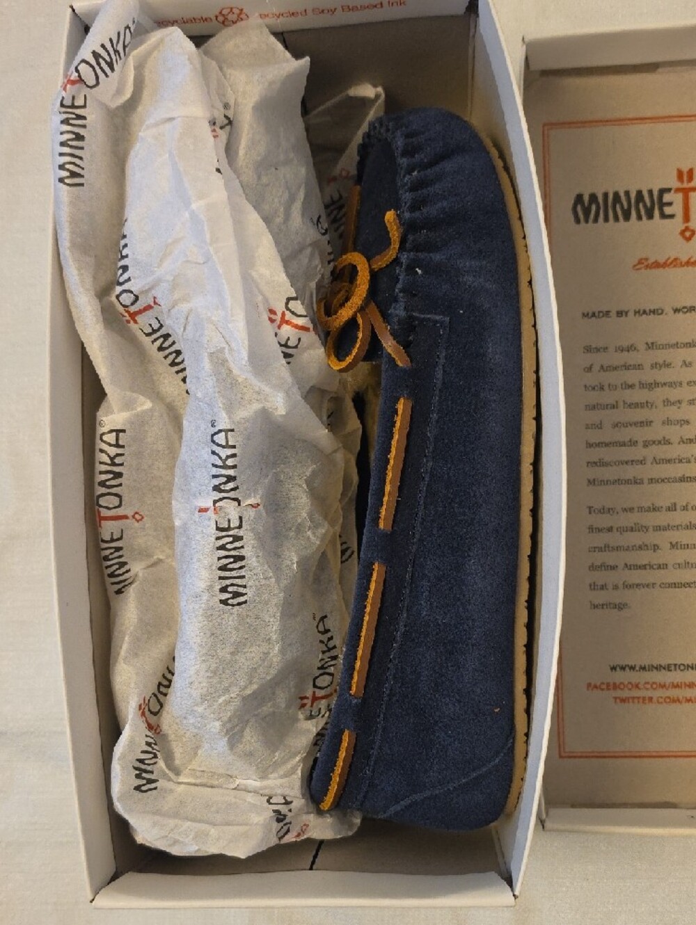 Minnetonka Navy Suede Moccasins with Tan Trim - Picture 7 of 8